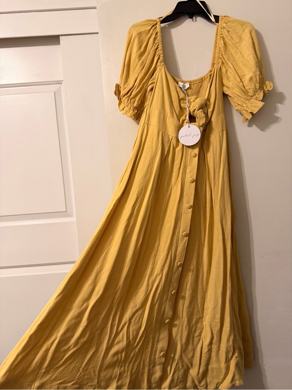 Petal & Pup Mustard Button-Front Maxi Dress with Puff Sleeves